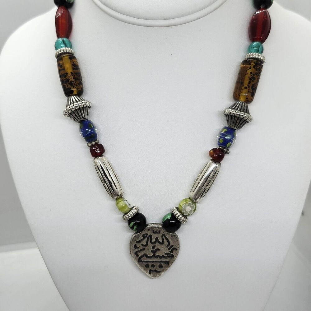 CHICO'S‎ Silver Multi Color Glass Beaded Pendant NECKLACE BOHO Artisan
